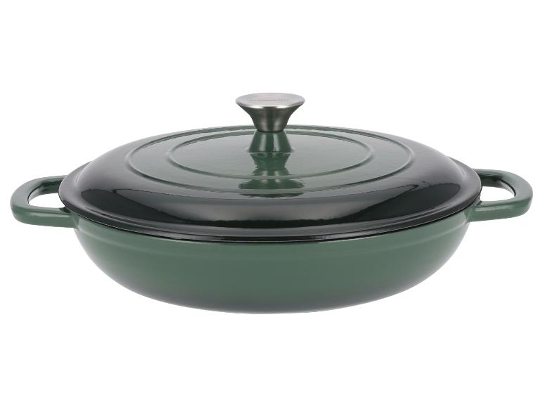 Groene gietijzeren pan met deksel van Silvercrest.