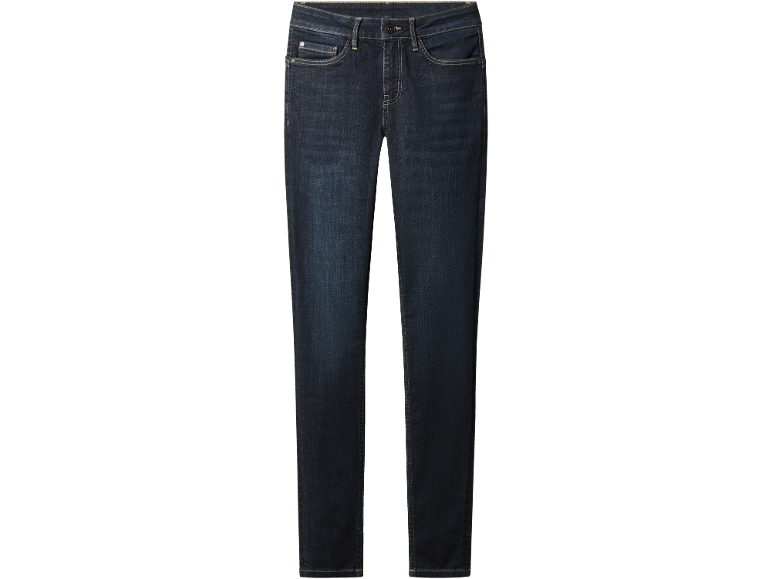 Jean femme bleu foncé avec surpiqûres contrastées et poches avant.