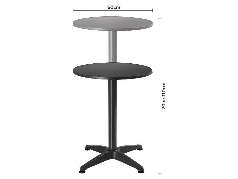 In hoogte verstelbare bartafel met een blad van 60 cm diameter, 70 of 110 cm hoog.