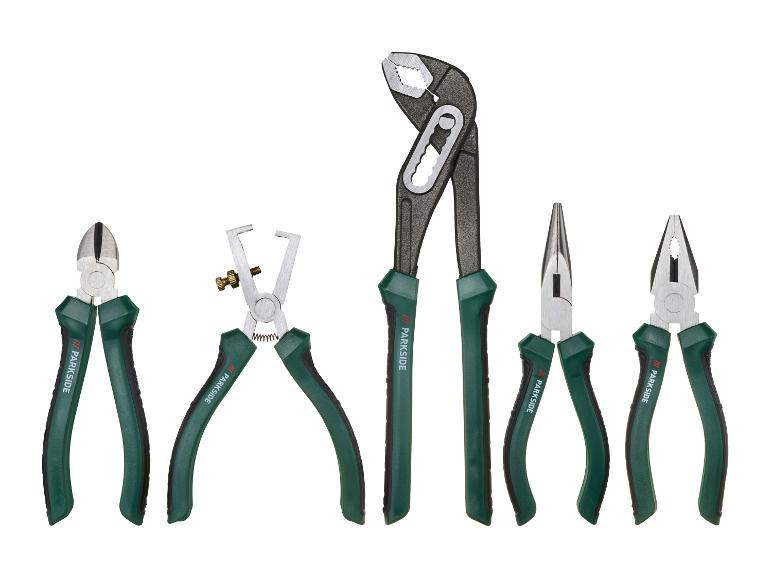 Un ensemble d'outils Parkside comprenant une pince, un dénudeur de fils et une pince coupante.