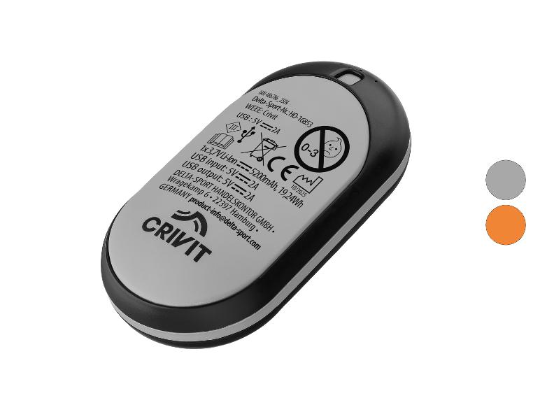Een zwarte en grijze draagbare powerbank met productdetails en het Crivit-logo.