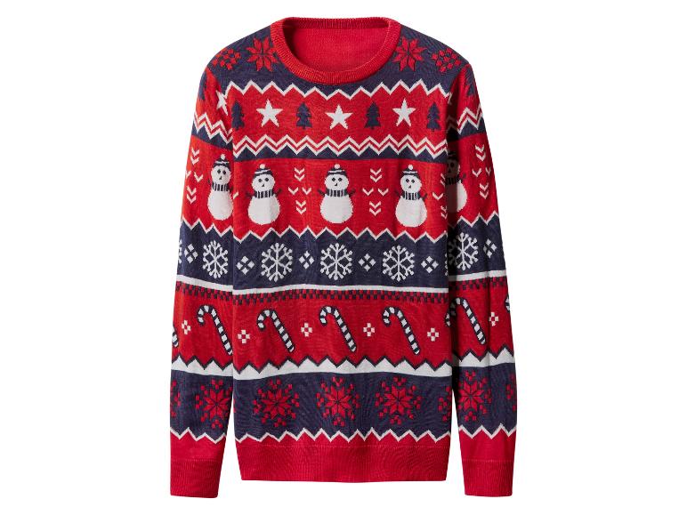 Pull de Noël rouge avec des motifs hivernaux, y compris des bonhommes de neige et des flocons.