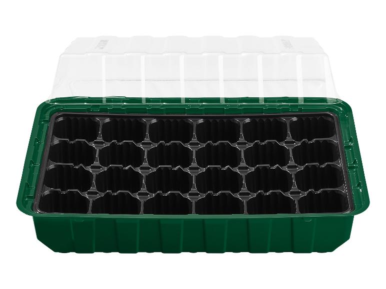 Propagateur de semis vert avec couvercle transparent et 24 alvéoles.