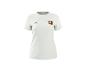 Wit sport-T-shirt met korte mouwen en een kleurrijk logo op de borst.