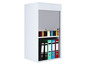 Armoire blanche avec volet roulant, remplie de classeurs et de livres.