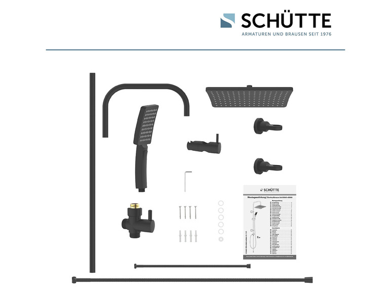 Zwarte doucheset van Schütte met regendouche, handdouche en accessoires.