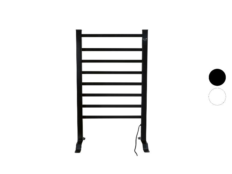 Zwart vrijstaand elektrisch handdoekenrek met acht stangen en digitale bediening.