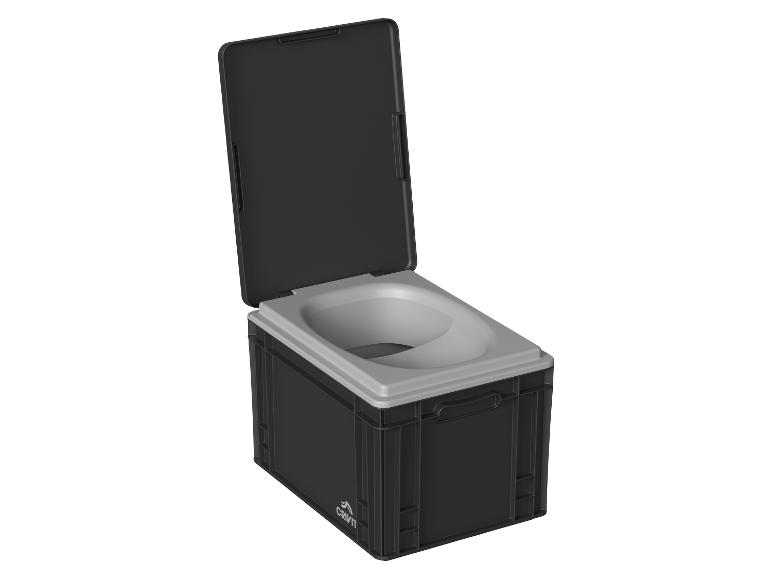 Toilettes de camping portables noires et grises avec le couvercle ouvert.