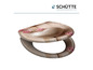Toiletbril met houten patroon en roze rozen.