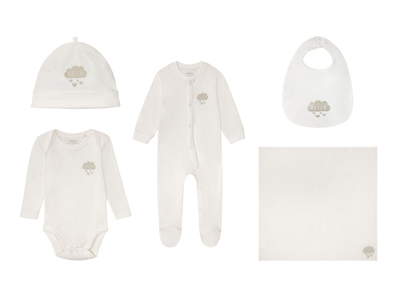 Ensemble bébé avec body, bonnet, bavoir et tissu avec l'impression 'Hello'.