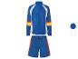 Blauwe trainingspak met gekleurde accenten.