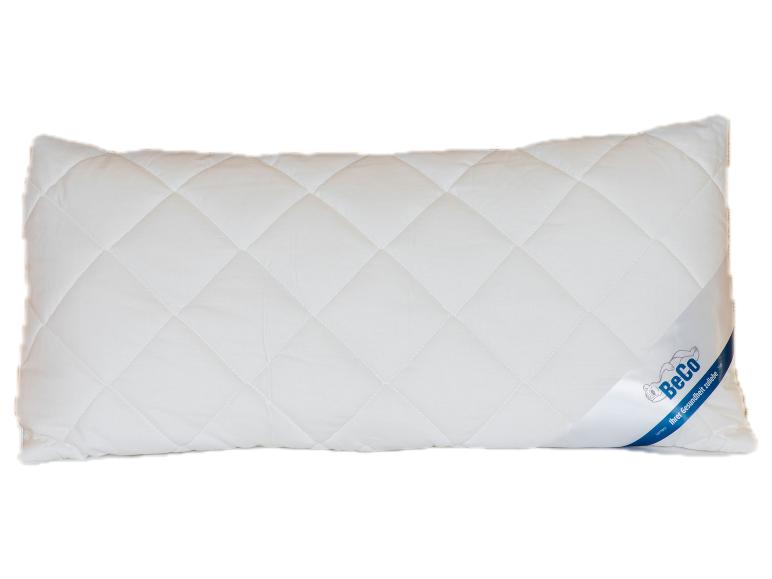 Oreiller blanc matelassé avec étiquette BeCo.