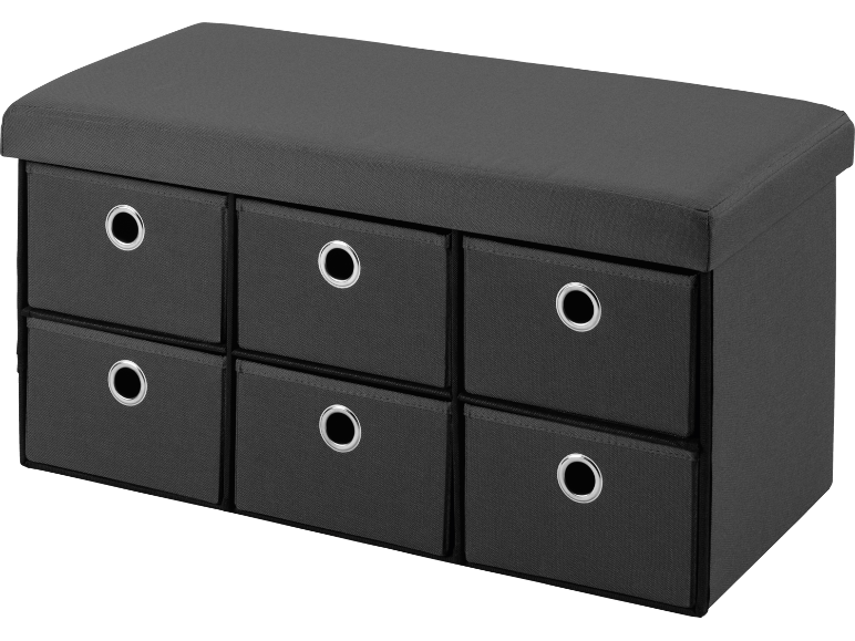 Grijze opbergbank met zes stoffen lades