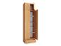 Hoge houten kast met open deuren, planken en lades.