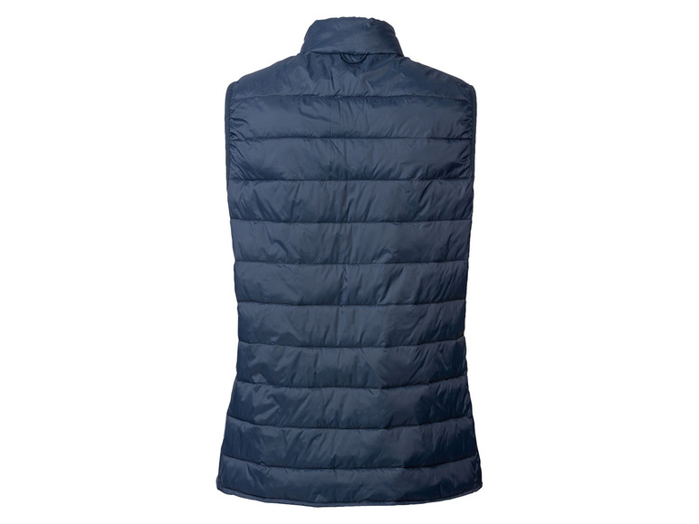 Een donkerblauwe gewatteerde vest zonder mouwen.