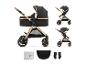 Poussette bébé noire et dorée avec nacelle, version assise et accessoires.
