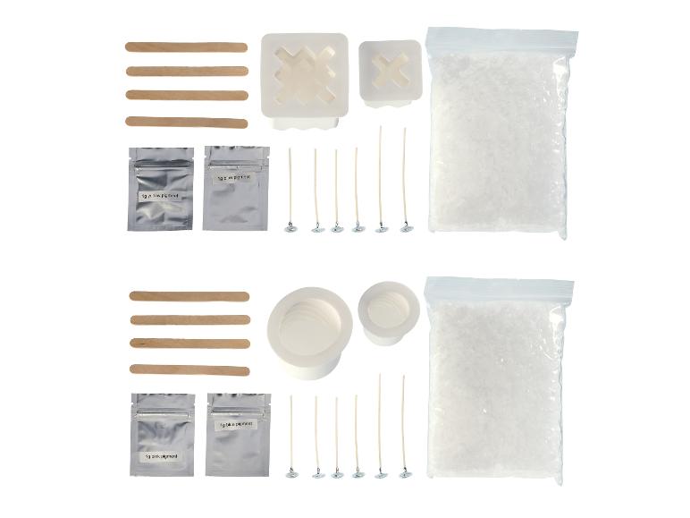 Kit de fabrication de bougies avec cire, moules, mèches et pigments jaunes, bleus et roses.