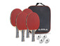 Quatre raquettes de ping-pong Joola, trois balles Joola et un sac.