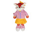 Un renard en peluche avec une veste rose et une jupe jaune.