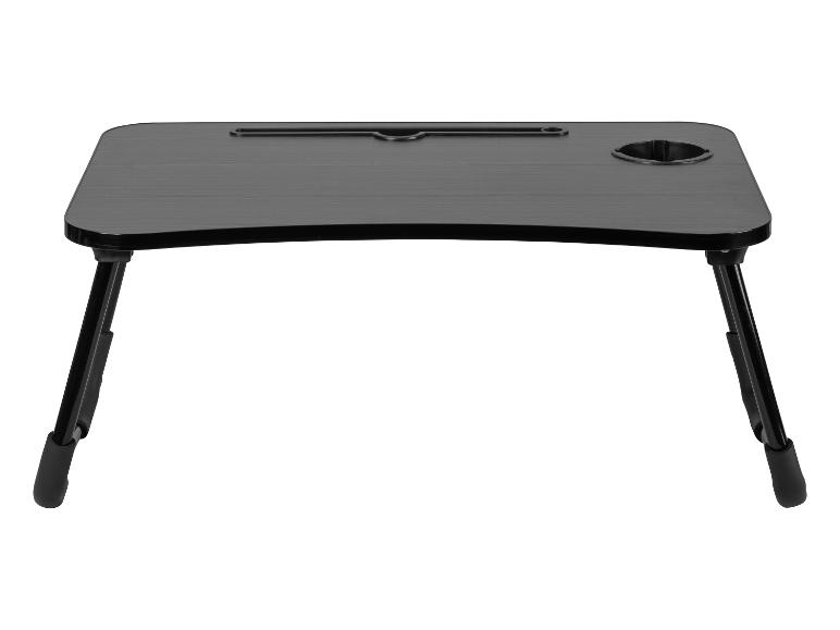 Zwarte opvouwbare bedtafel met tabletsleuf en bekerhouder
