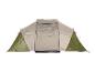 Grande tente de camping beige et verte avec une entrée frontale.