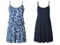 Combinaison courte à motifs bleus et blancs et robe nuisette bleu marine.