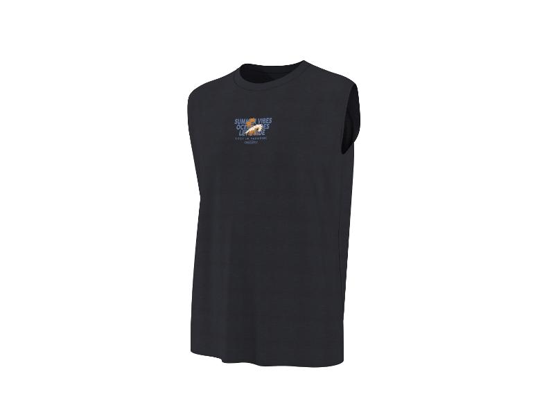 Zwart mouwloos T-shirt met 'SUMMER VIBES OCEAN BREEZE LOST IN PARADISE' opdruk.