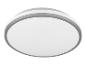 Een ronde, witte plafondlamp met een zilverkleurige rand.