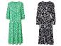 Deux robes maxi avec un motif géométrique, une verte et blanche et une noire et blanche.