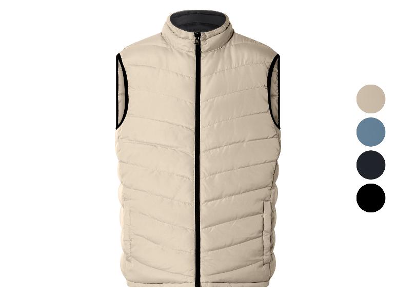 Gewatteerd herenvest in beige met zwarte rits en bies, getoond met kleuropties.