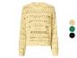 Pull jaune tricoté à manches longues avec motif perforé, présenté avec des options de couleur.