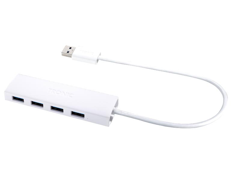Een witte USB-hub van het merk TRONIC met 4 poorten