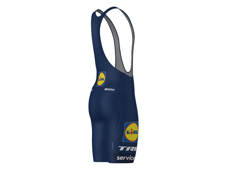 Donkerblauwe fietsbroek met bretels, met gele en blauwe logo's en witte tekst.