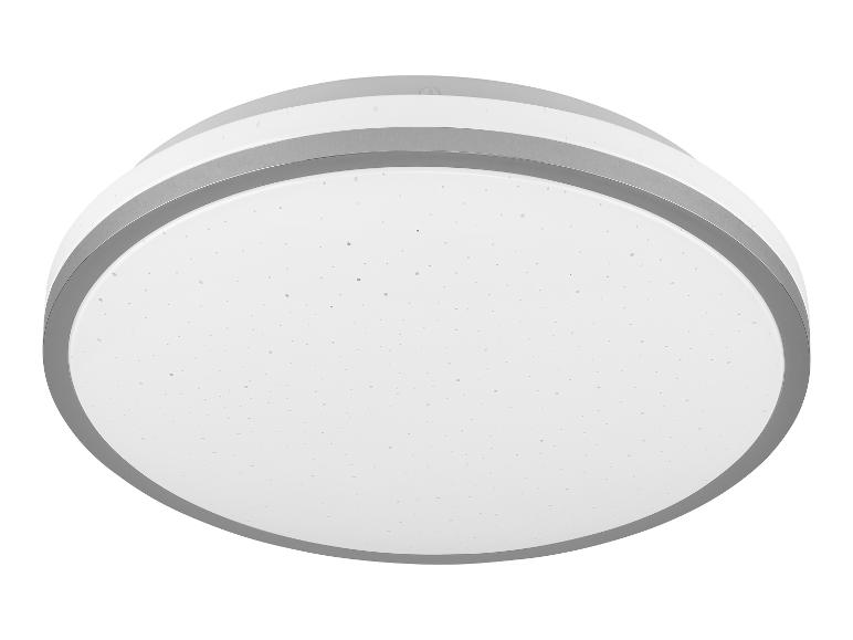 Een ronde, witte plafondlamp met een zilverkleurige rand.