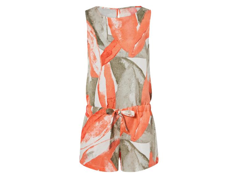 Kort jumpsuit met oranje en beige bloemenprint.