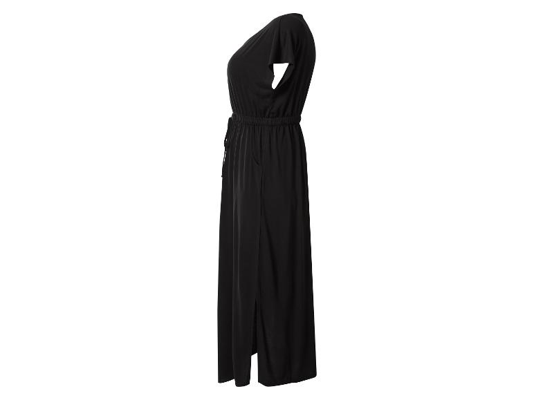 Zwarte maxi-jurk met korte mouwen en een trekkoord in de taille.