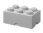 Een grijze LEGO-opbergdoos met zes knoppen.