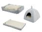 Drie grijze hondenbedden van Zooafari: een mand, een iglo en een plat bed.