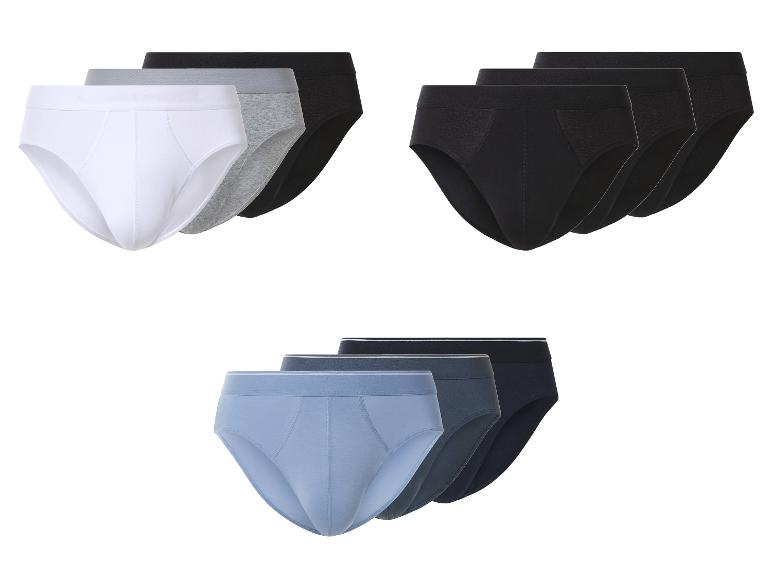 Lot de 9 slips pour hommes en blanc, gris, noir et bleu.