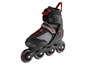 Zwarte inline skates met rode accenten.