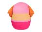 Een roze en oranje kussen met strepen.