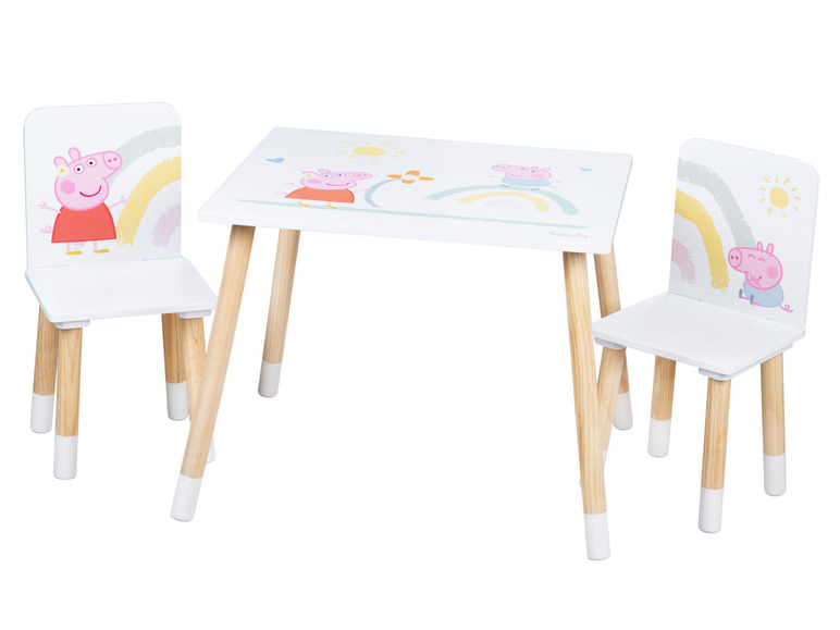 Table et chaises pour enfants avec un motif Peppa Pig.