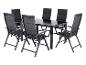 Tuinmeubelset: zwarte tafel en zes opvouwbare stoffen stoelen.
