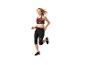 Vrouw in sportbeha en hardlooplegging.