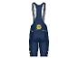 Donkerblauwe fietsbroek met bretels en logo's.
