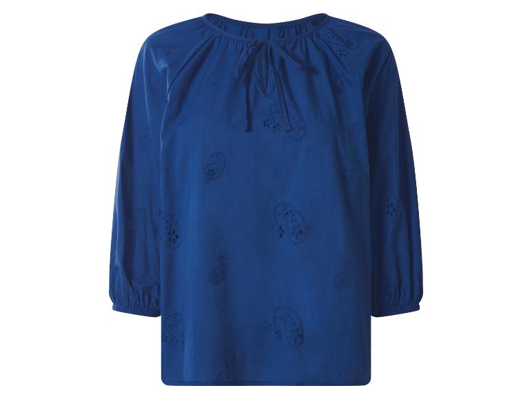 Blauwe damesblouse met lange mouwen en paisley borduursel