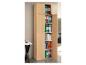 Een hoge, lichte houten kast met open deuren, die kleurrijke mappen en boeken onthult.