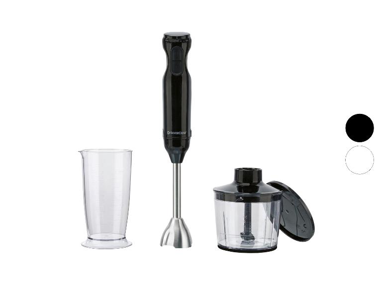 Mixeur plongeant noir avec verre doseur et hachoir.