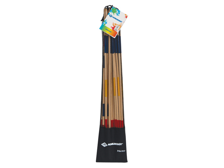 Mikado spel met houten stokjes in een tas van Schildkröt.