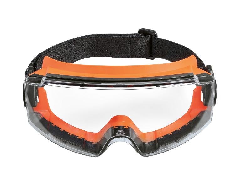 Lunettes de protection avec monture orange et sangle élastique noire.